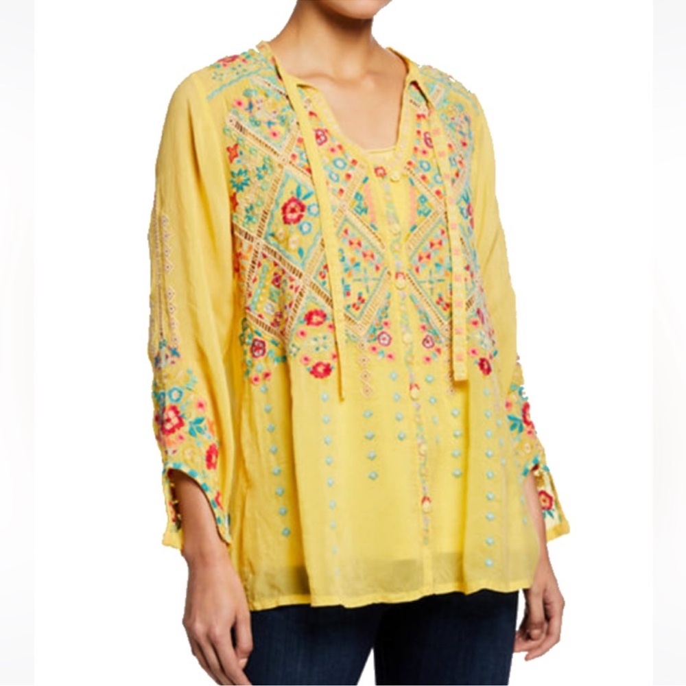 Johnny Was Arges Blouse Tunic Soft Citrus Yellow Floral Embroidery Rayon XL